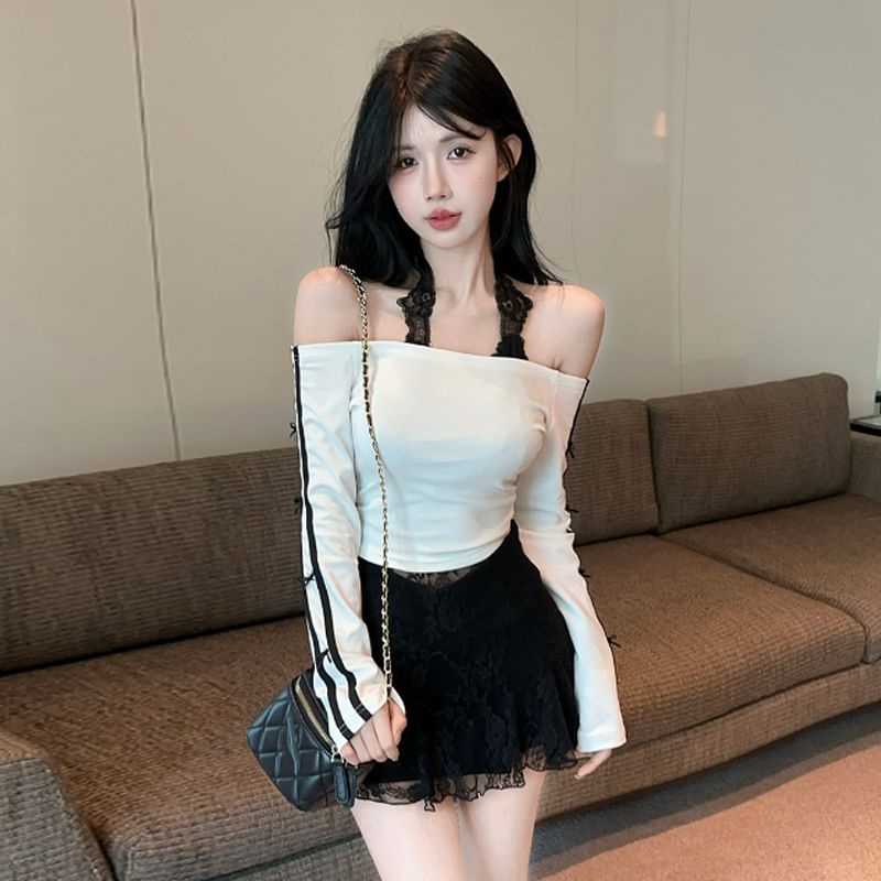 Striped Crop Tee with Piping and Halter Lace Top