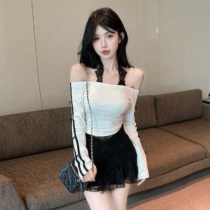 Striped Crop Tee with Piping and Halter Lace Top