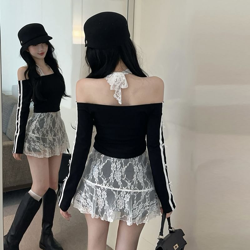 Striped Crop Tee with Piping and Halter Lace Top