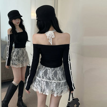 Striped Crop Tee with Piping and Halter Lace Top