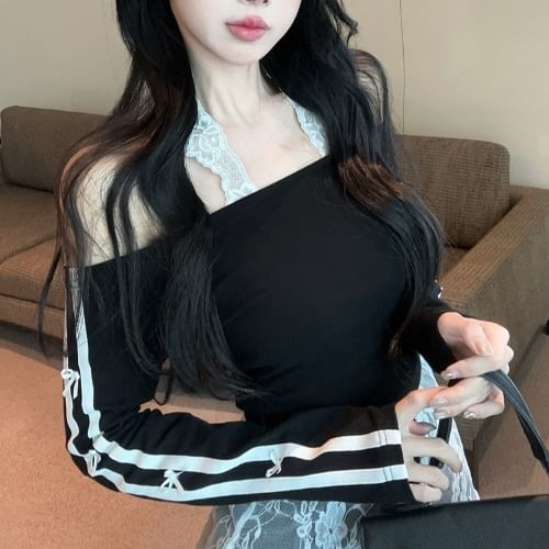 Striped Crop Tee with Piping and Halter Lace Top