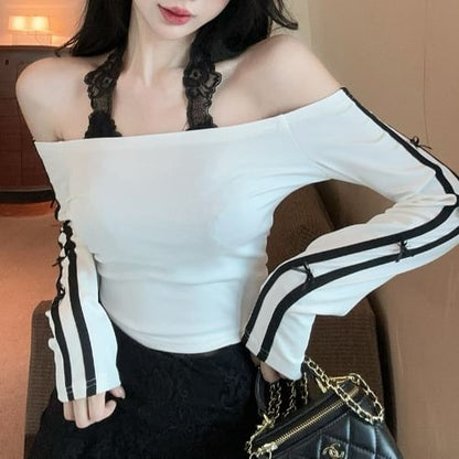 Striped Crop Tee with Piping and Halter Lace Top