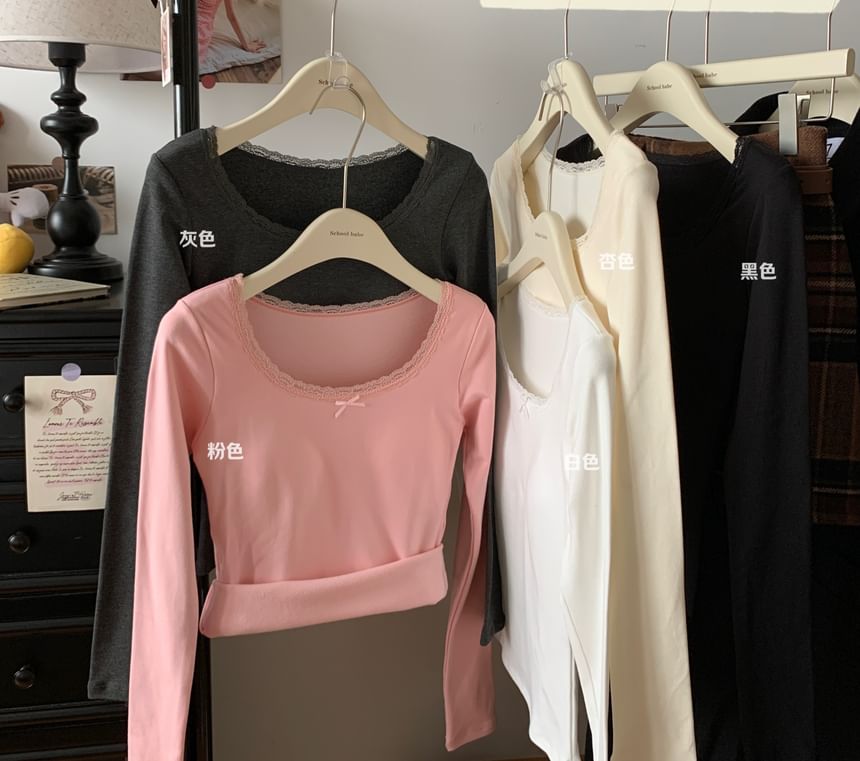 Square Neck Fleece-Lined Top with Lace Trim and Long Sleeves