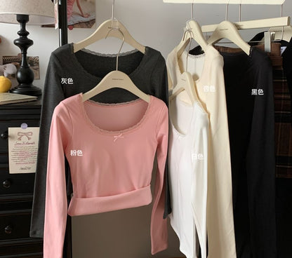 Square Neck Fleece-Lined Top with Lace Trim and Long Sleeves