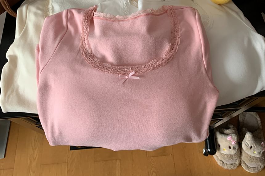 Square Neck Fleece-Lined Top with Lace Trim and Long Sleeves