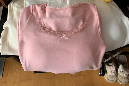 Square Neck Fleece-Lined Top with Lace Trim and Long Sleeves