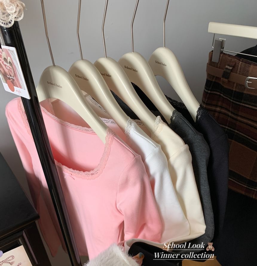 Square Neck Fleece-Lined Top with Lace Trim and Long Sleeves