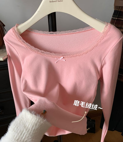 Square Neck Fleece-Lined Top with Lace Trim and Long Sleeves