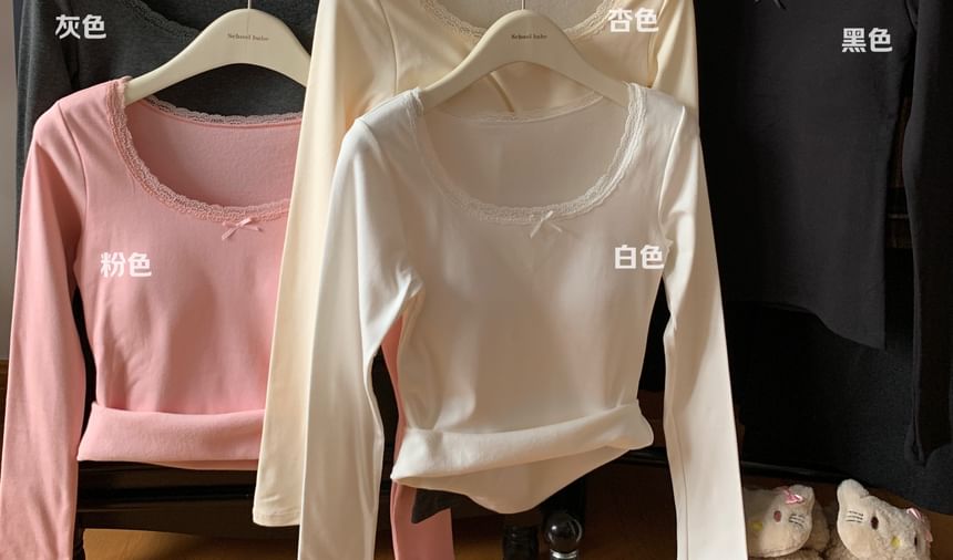Square Neck Fleece-Lined Top with Lace Trim and Long Sleeves