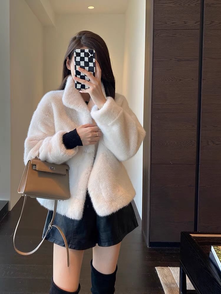 Long Sleeve Faux Fur Button-Up Jacket