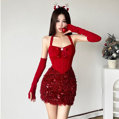Set: Halter Neck Plain Sequined Panel Mini Sheath Party Dress + Arm Sleeves