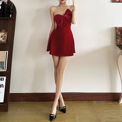 Strapless Plain Bowknot Detail Velvet Mini A-Line Party Dress