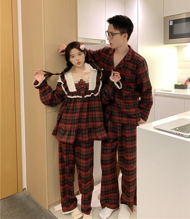 Matching Couple Plaid Pajama Set with Lace Trim Long Sleeves