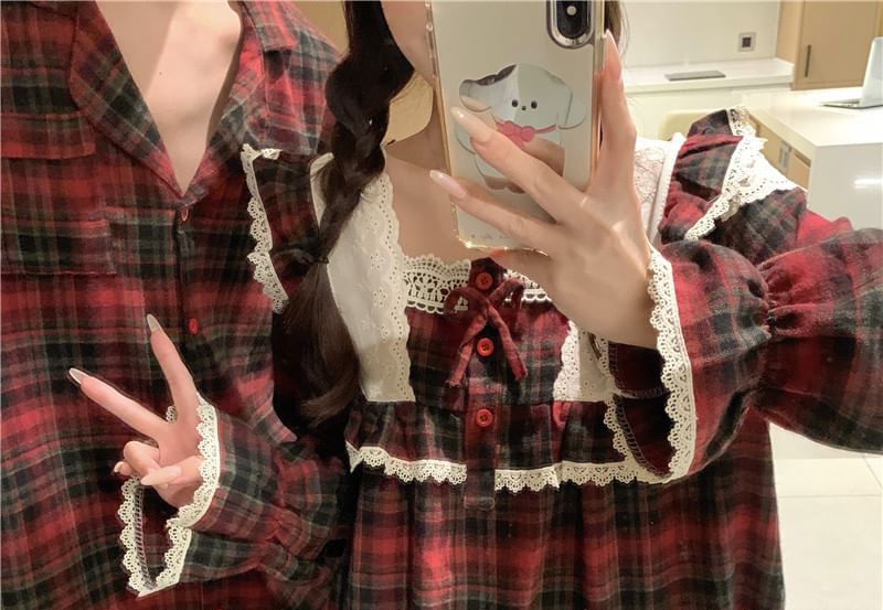 Matching Couple Plaid Pajama Set with Lace Trim Long Sleeves