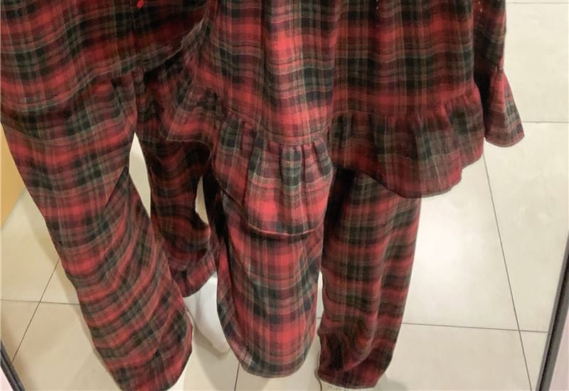 Matching Couple Plaid Pajama Set with Lace Trim Long Sleeves