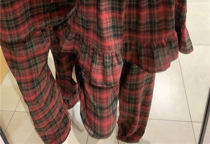 Matching Couple Plaid Pajama Set with Lace Trim Long Sleeves