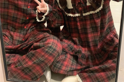 Matching Couple Plaid Pajama Set with Lace Trim Long Sleeves