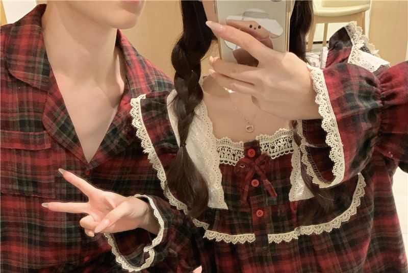 Matching Couple Plaid Pajama Set with Lace Trim Long Sleeves