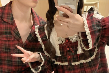 Matching Couple Plaid Pajama Set with Lace Trim Long Sleeves
