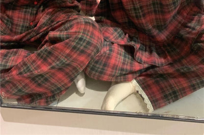 Matching Couple Plaid Pajama Set with Lace Trim Long Sleeves