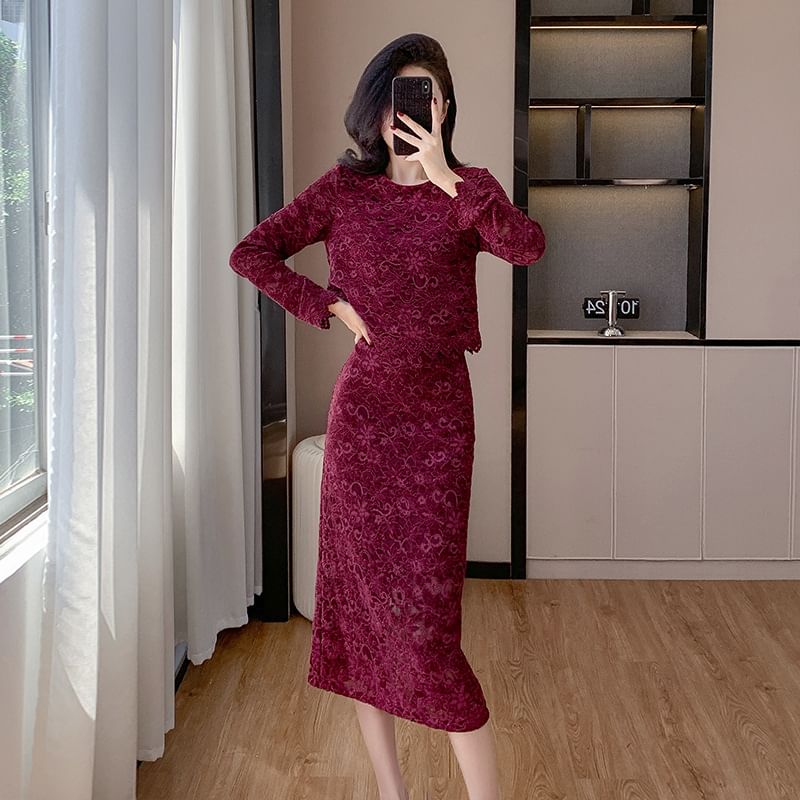 Lace Top and Mermaid Skirt Set with High Waist