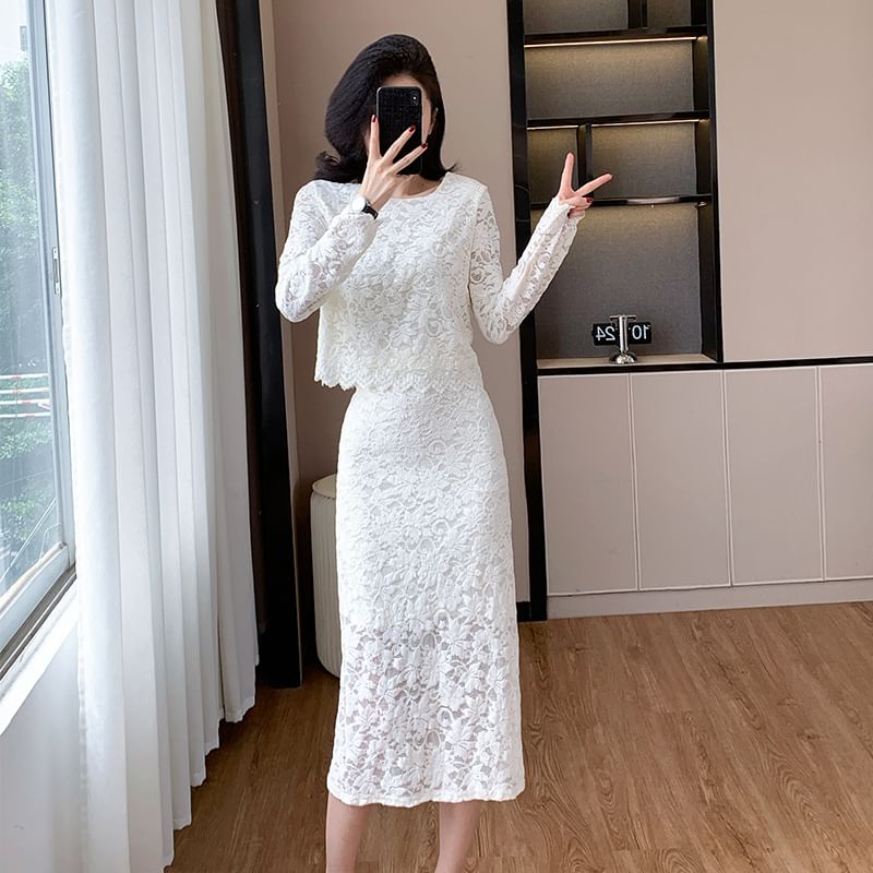 Lace Top and Mermaid Skirt Set with High Waist