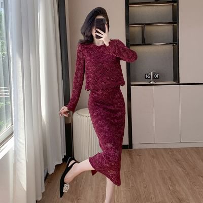 Lace Top and Mermaid Skirt Set with High Waist