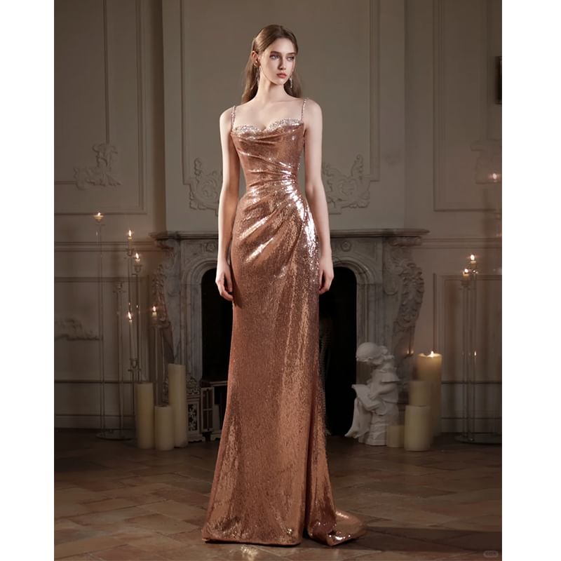 Sequin Mermaid Ruched Spaghetti Strap Evening Gown
