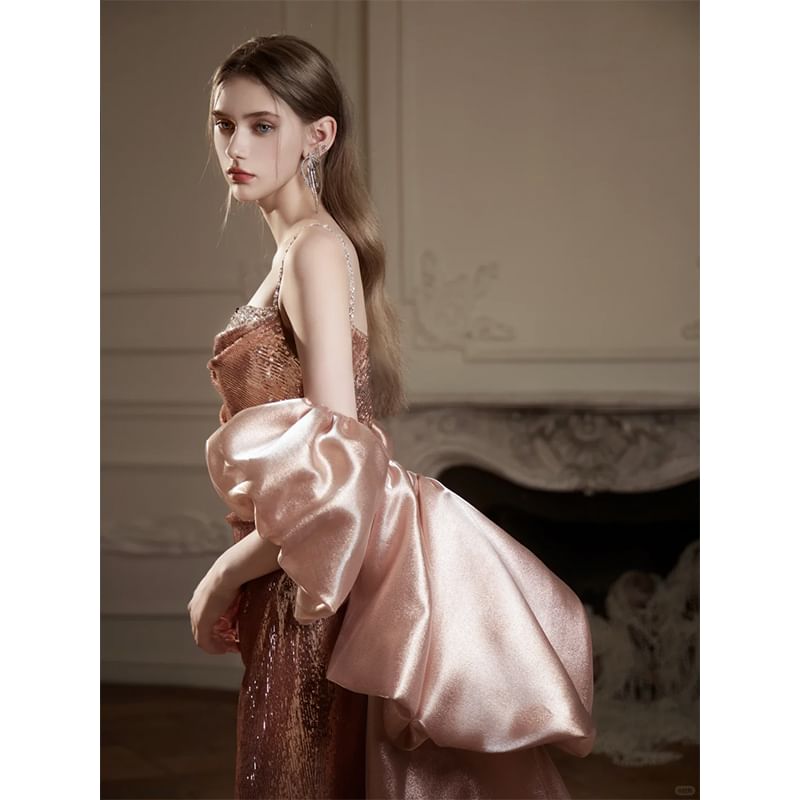 Sequin Mermaid Ruched Spaghetti Strap Evening Gown