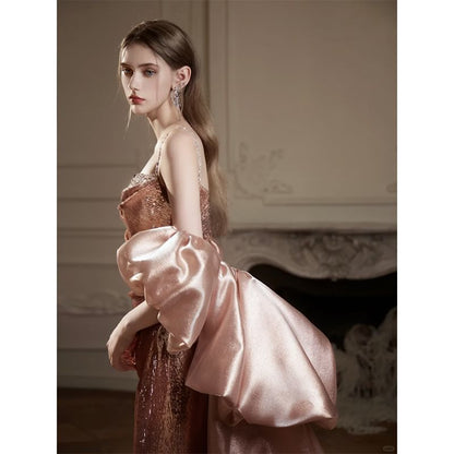 Spaghetti Strap Sequin Ruched Mermaid Evening Gown