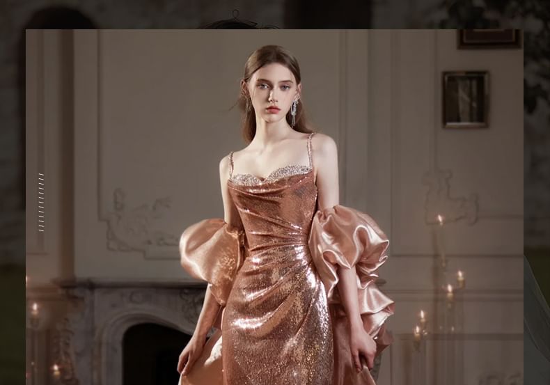 Sequin Mermaid Ruched Spaghetti Strap Evening Gown