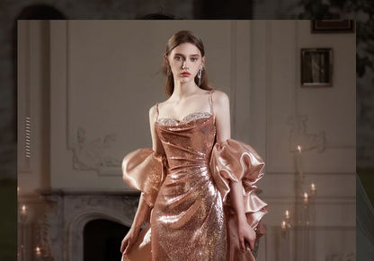 Spaghetti Strap Sequin Ruched Mermaid Evening Gown