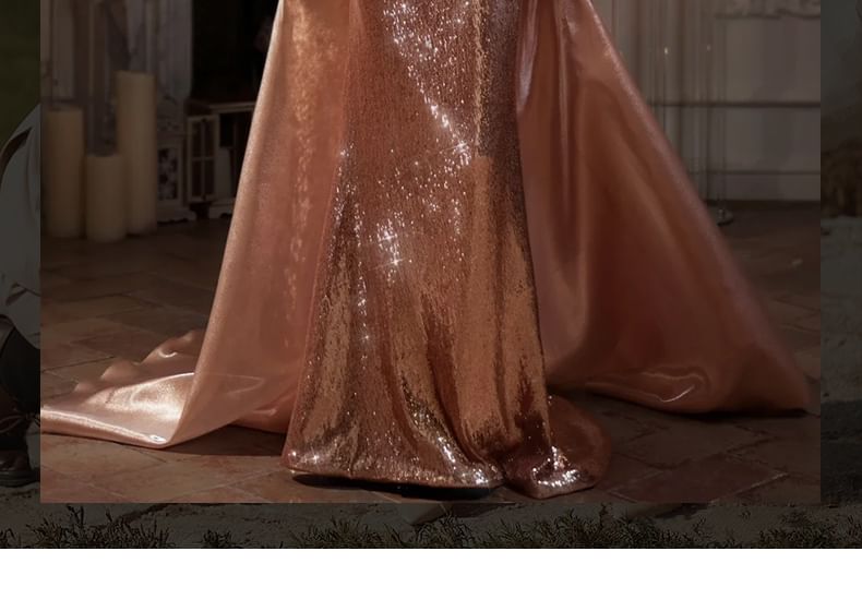 Sequin Mermaid Ruched Spaghetti Strap Evening Gown