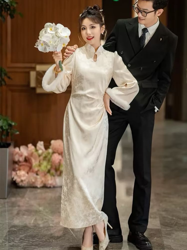 Flared-Sleeve Mock Neck Patterned Maxi Wedding Qipao