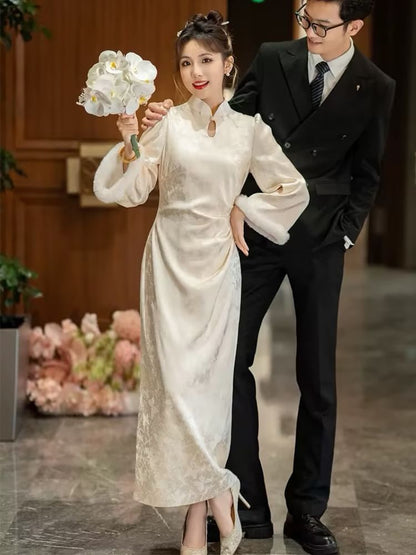 Flared-Sleeve Mock Neck Patterned Maxi Wedding Qipao