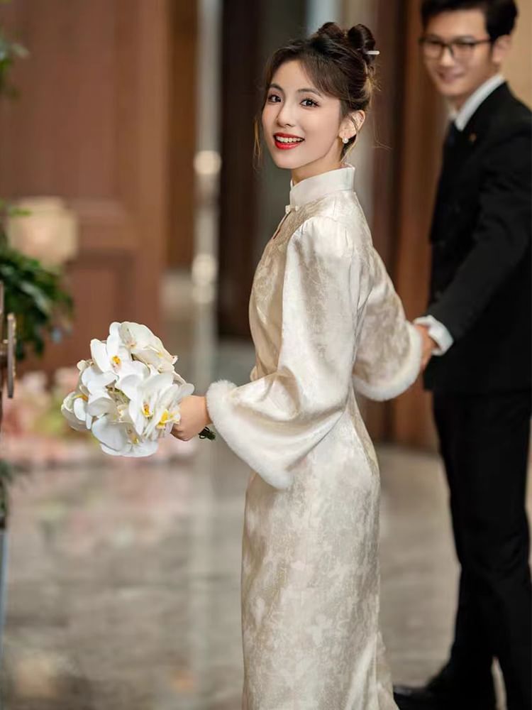 Flared-Sleeve Mock Neck Patterned Maxi Wedding Qipao