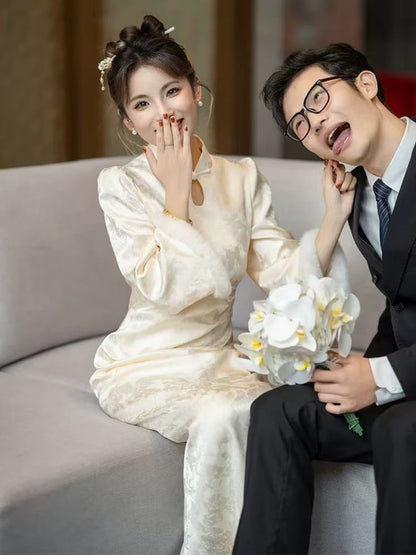 Flared-Sleeve Mock Neck Patterned Maxi Wedding Qipao
