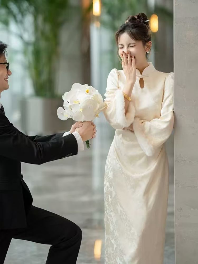 Flared-Sleeve Mock Neck Patterned Maxi Wedding Qipao