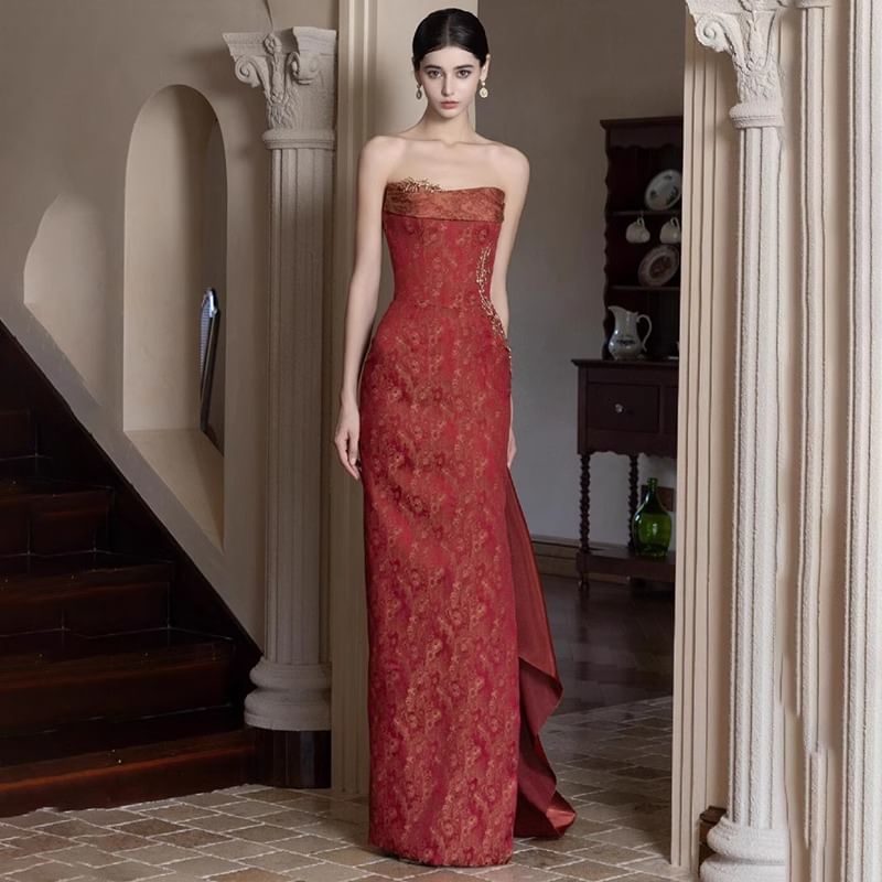 Strapless Patterned Side-Slit Sheath Evening Gown