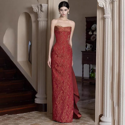 Strapless Patterned Side-Slit Sheath Evening Gown