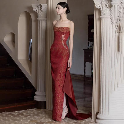 Strapless Patterned Side-Slit Sheath Evening Gown