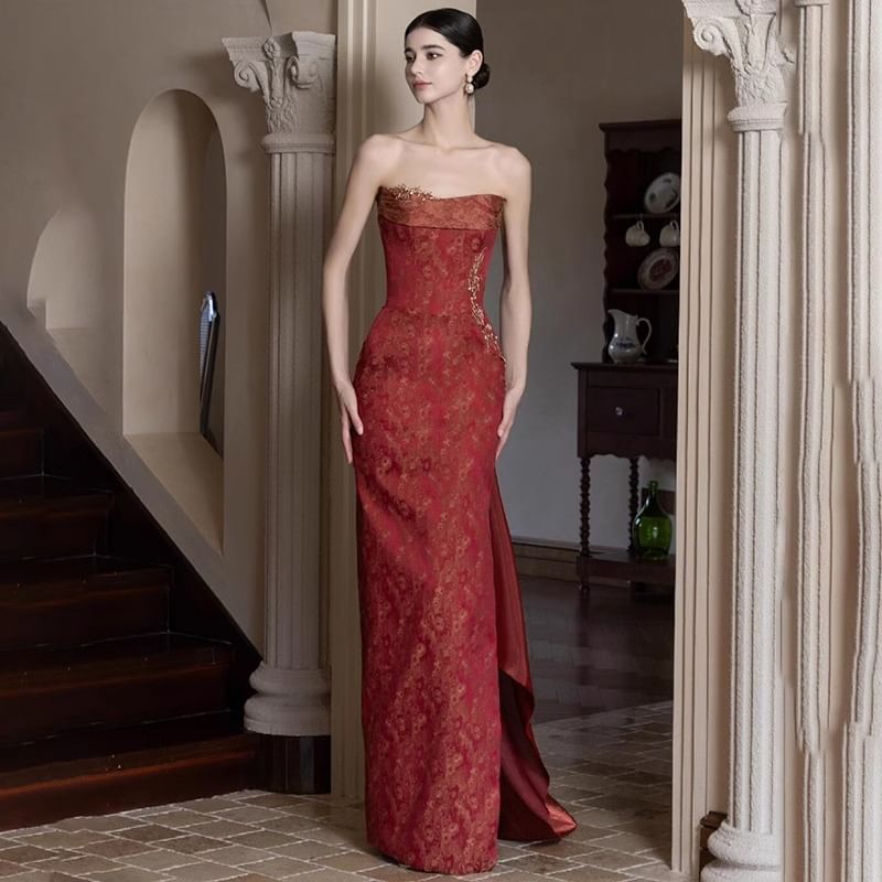Strapless Patterned Side-Slit Sheath Evening Gown