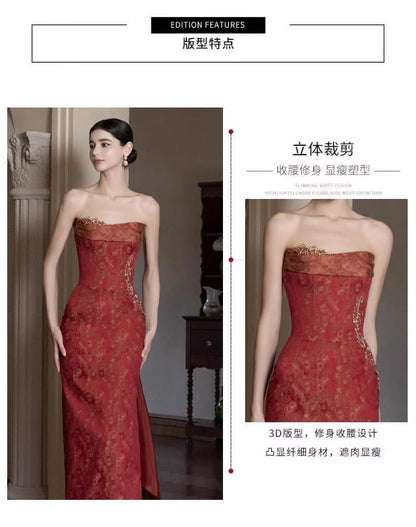 Strapless Patterned Side-Slit Sheath Evening Gown
