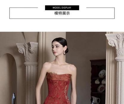 Strapless Patterned Side-Slit Sheath Evening Gown