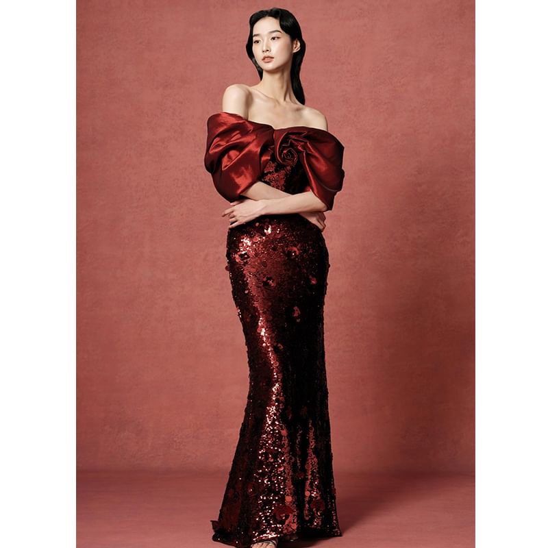 Evening Gown Trumpet Off-Shoulder Sequin Bow