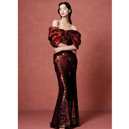 Evening Gown Trumpet Off-Shoulder Sequin Bow