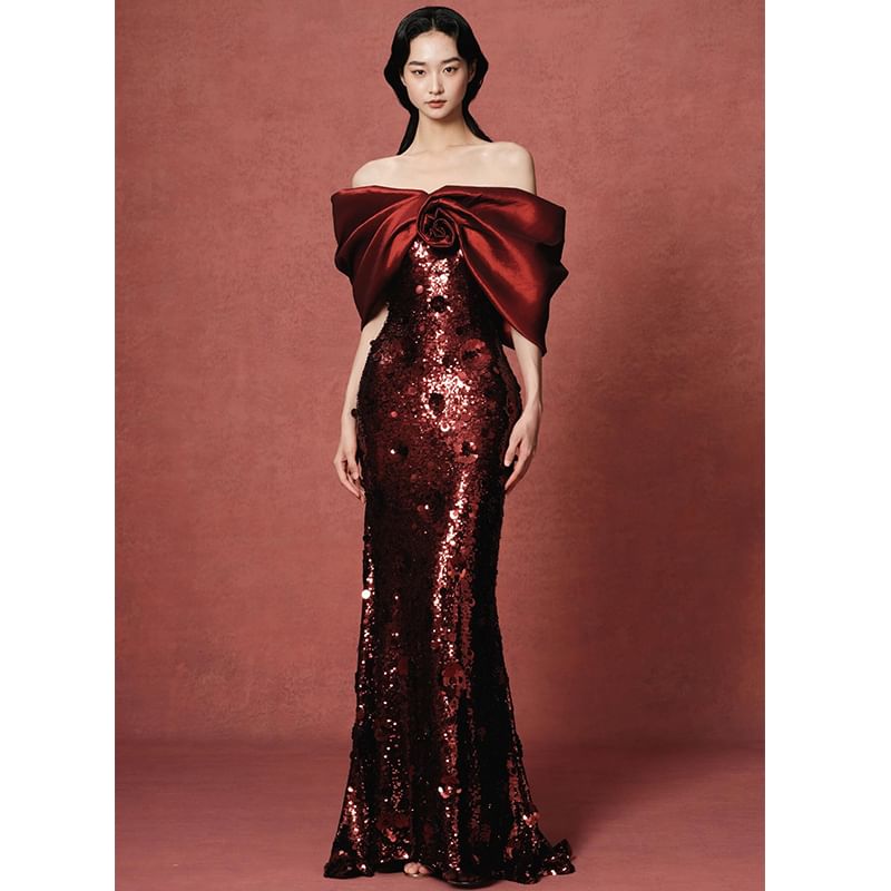 Evening Gown Trumpet Off-Shoulder Sequin Bow