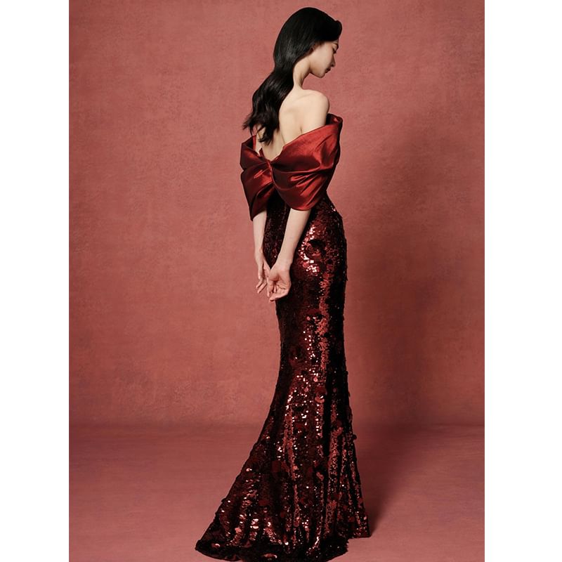 Evening Gown Trumpet Off-Shoulder Sequin Bow