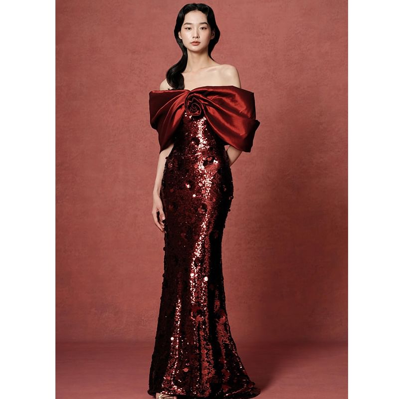 Evening Gown Trumpet Off-Shoulder Sequin Bow