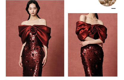 Evening Gown Trumpet Off-Shoulder Sequin Bow